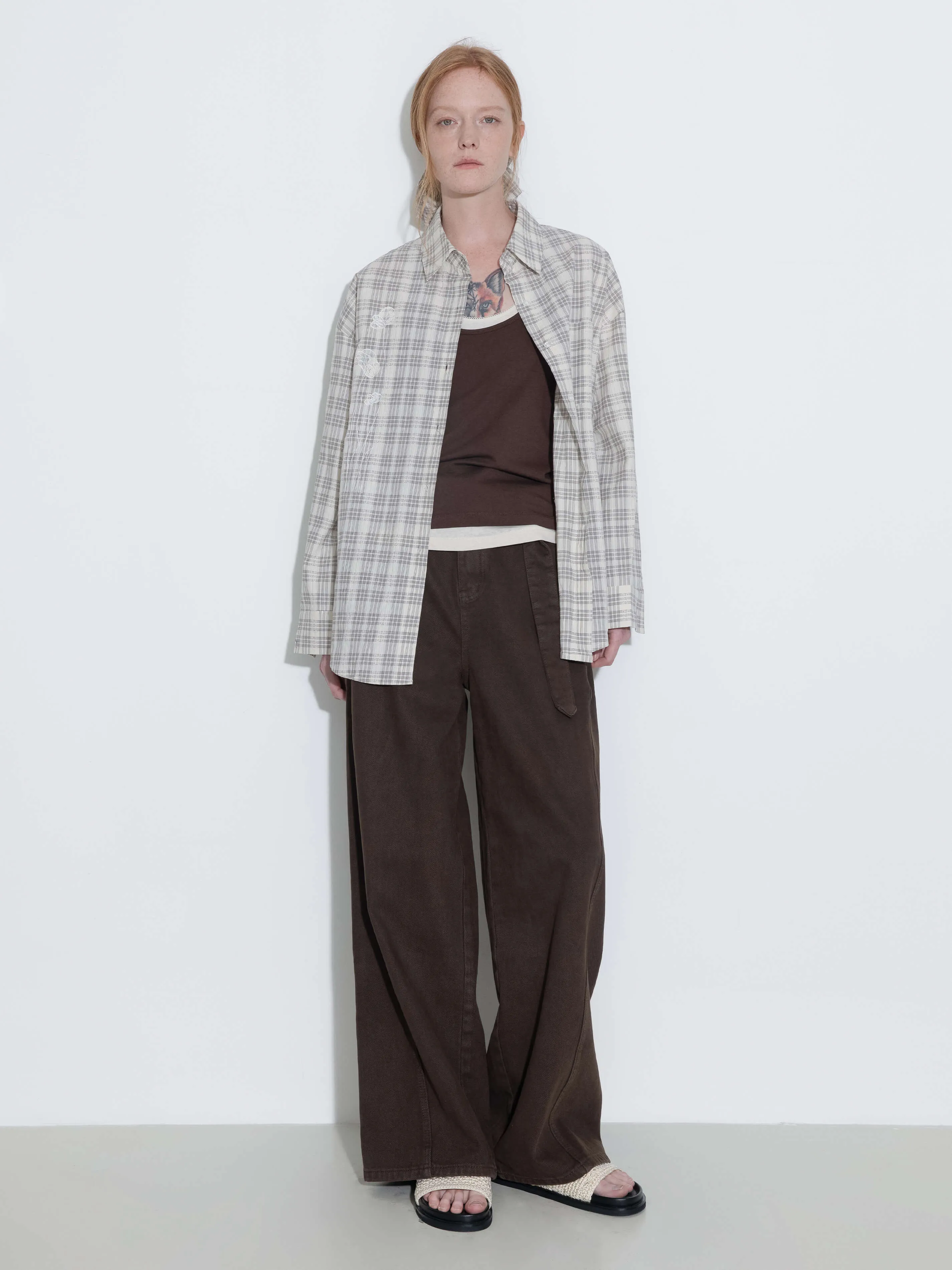 100% Cotton Embroidered Lace Checkered Oversized Shirt