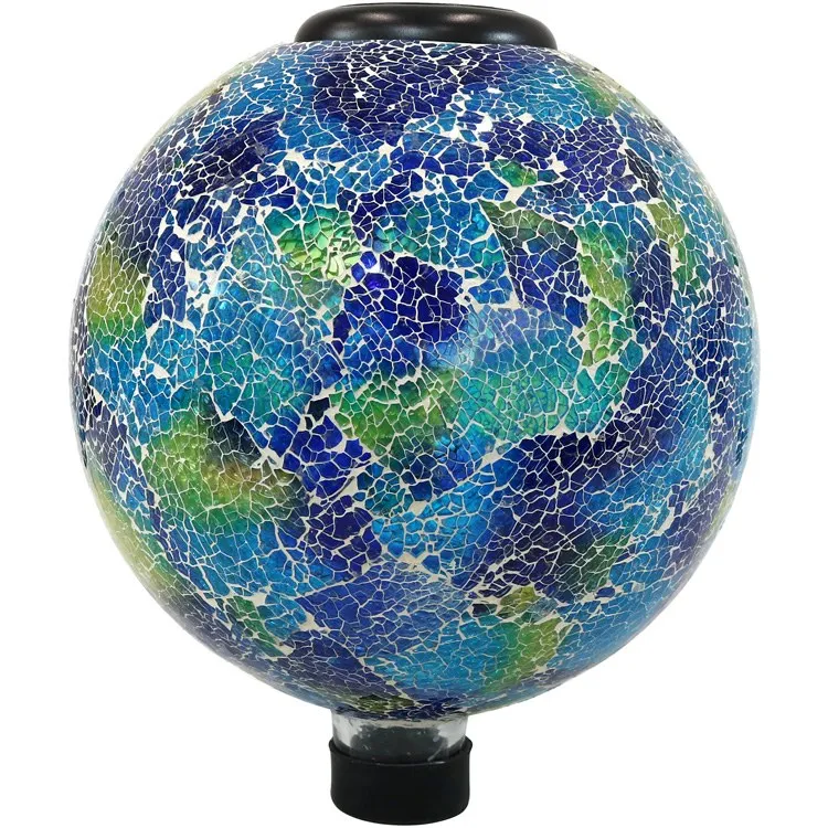 10" Azul Terra Crackled Glass Gazing Globe with Solar-Powered LED Light