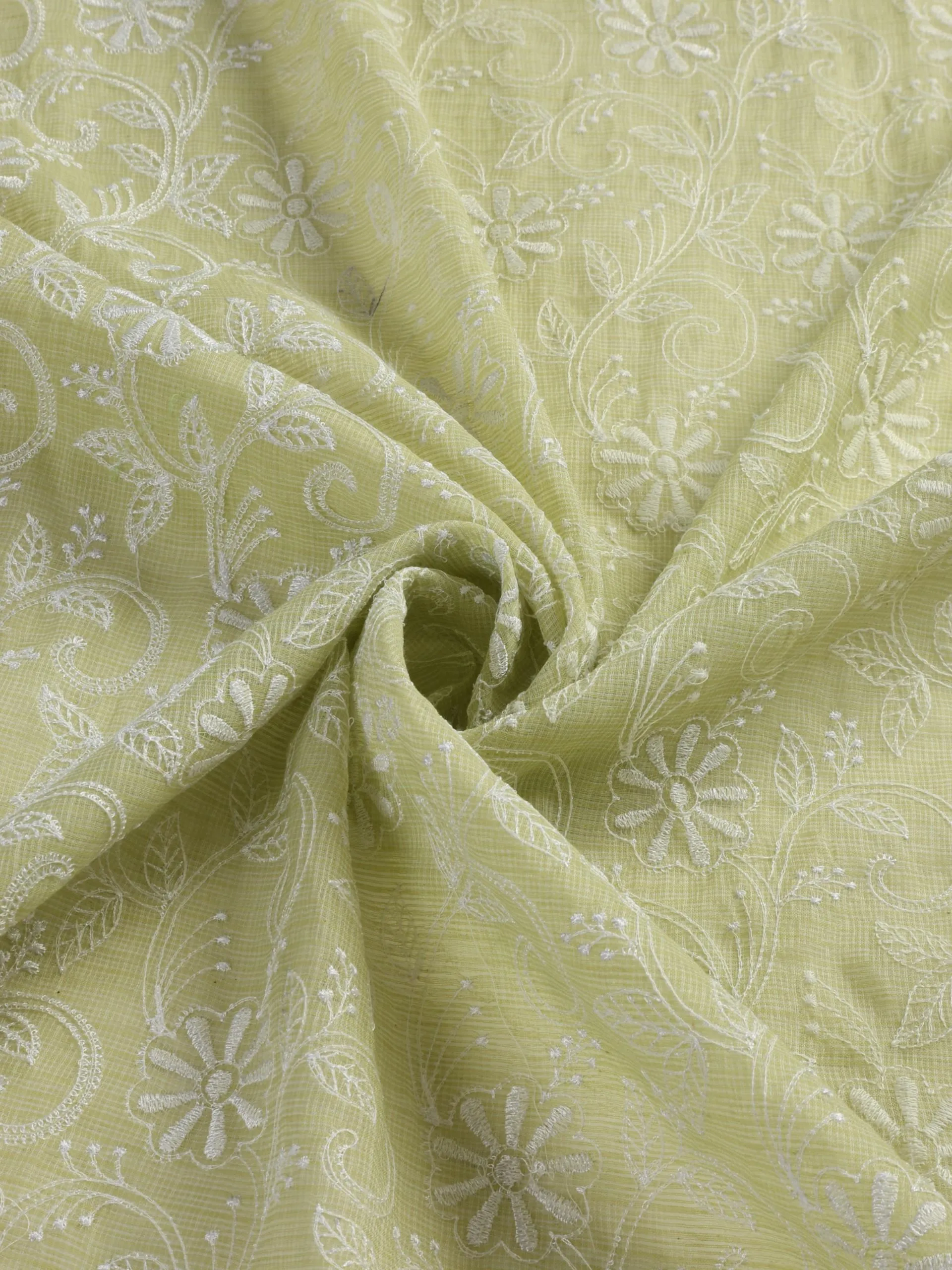 3 pc Unstitched SET -Sage Kota Doria Flower Embroidered Kurta with Dupatta and Cotton Pyjama
