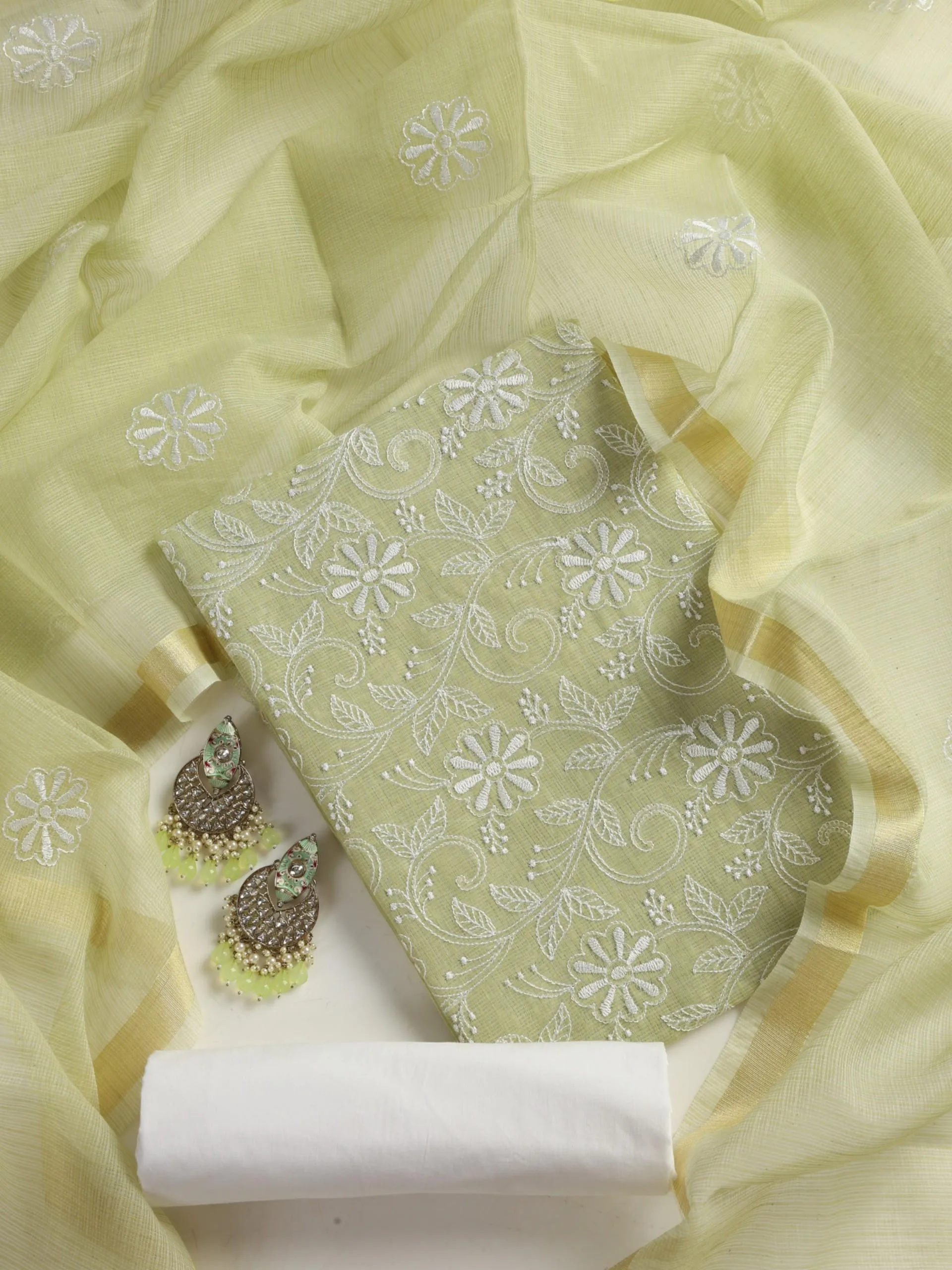 3 pc Unstitched SET -Sage Kota Doria Flower Embroidered Kurta with Dupatta and Cotton Pyjama