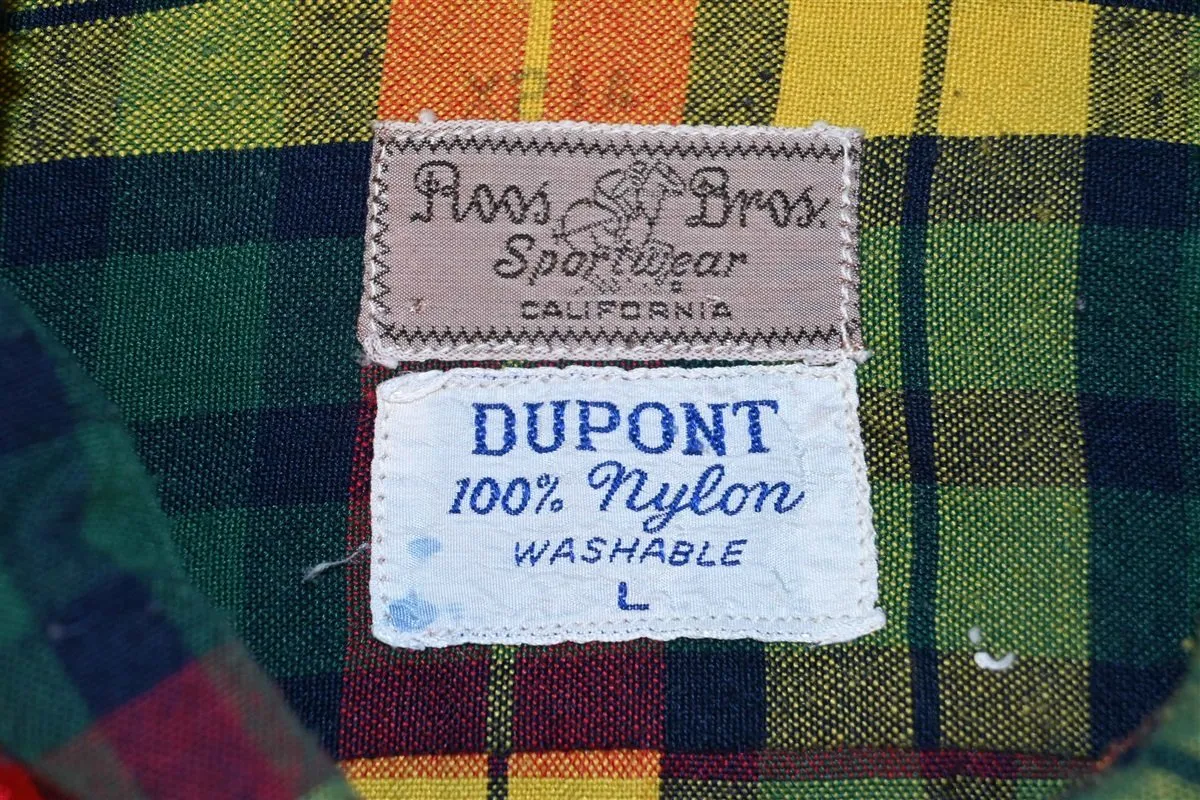 50s Roos Bros Plaid Loop Collar Button Down Shirt Large