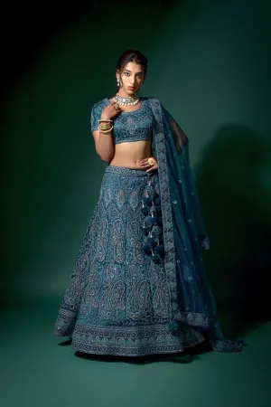 Attractive Blue Color Zarkan Work Net Lehenga