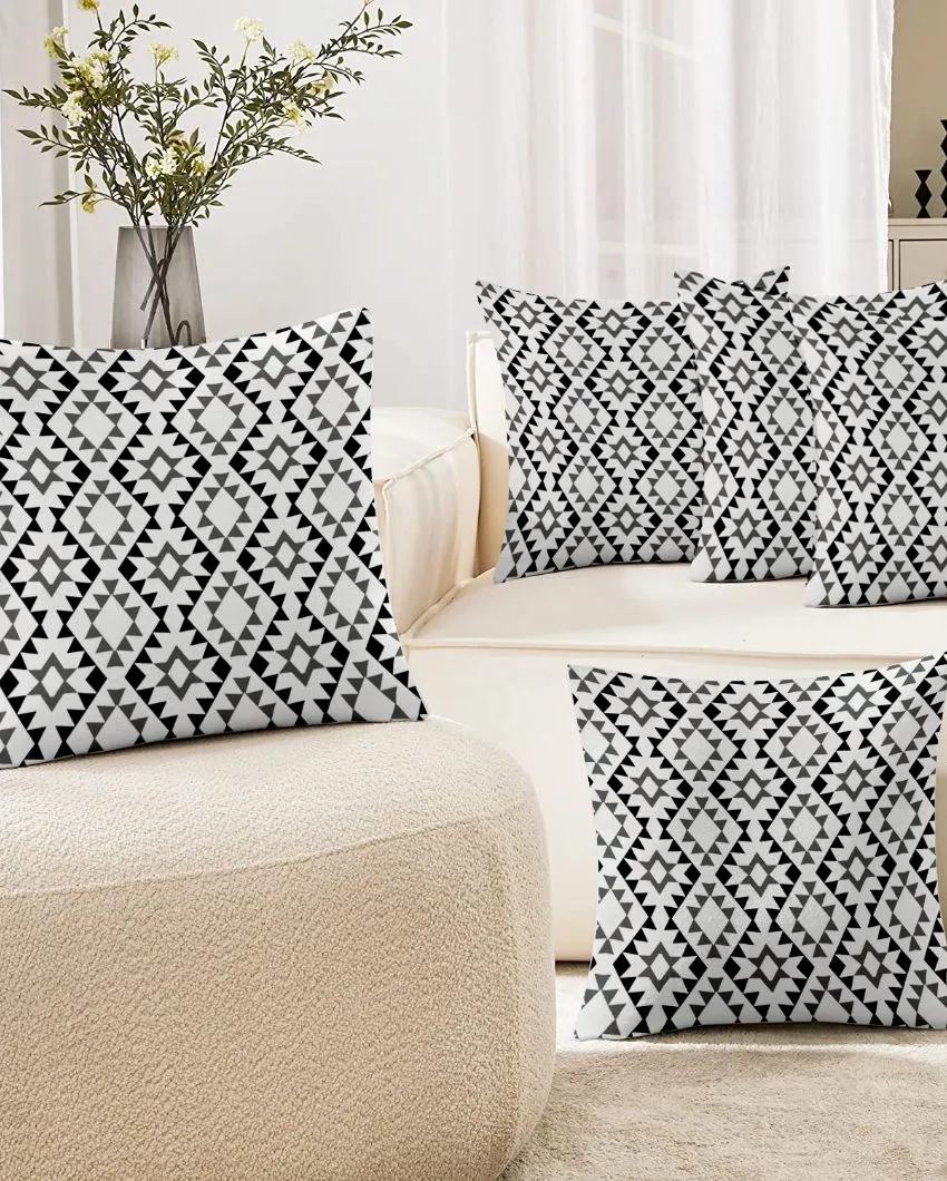 Black & Grey Printed Heavy Twill Polyester Cushion Covers | Set of 5
