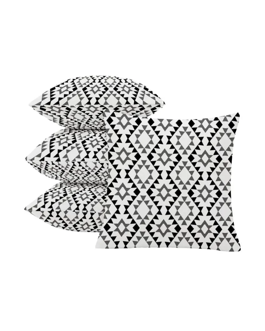 Black & Grey Printed Heavy Twill Polyester Cushion Covers | Set of 5