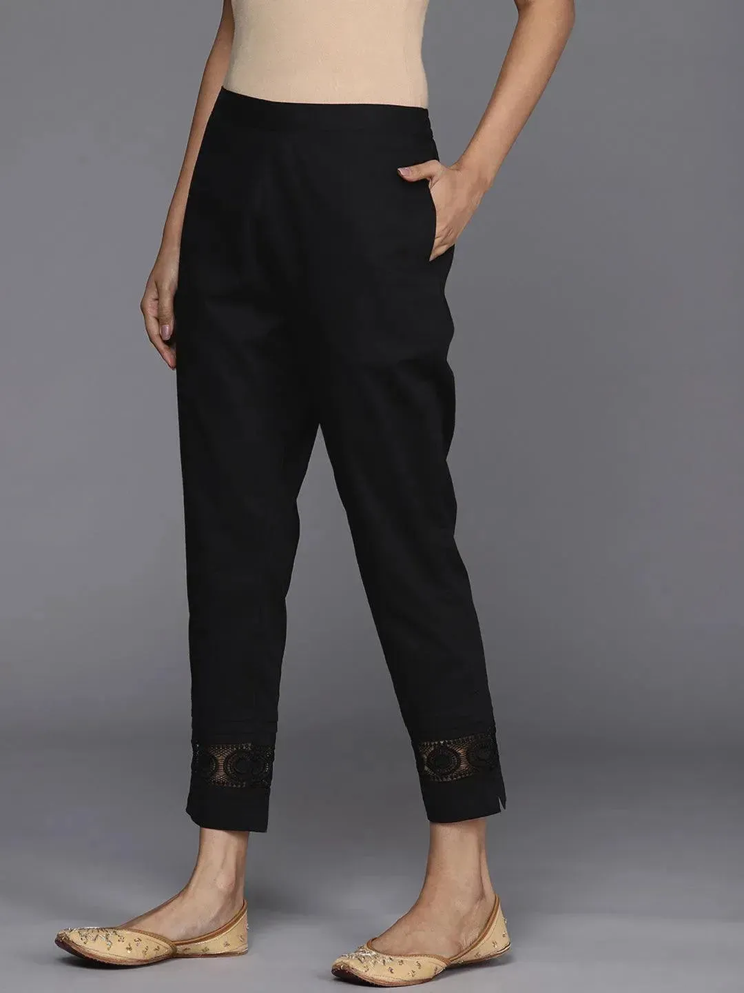 Black Solid Cotton Trousers