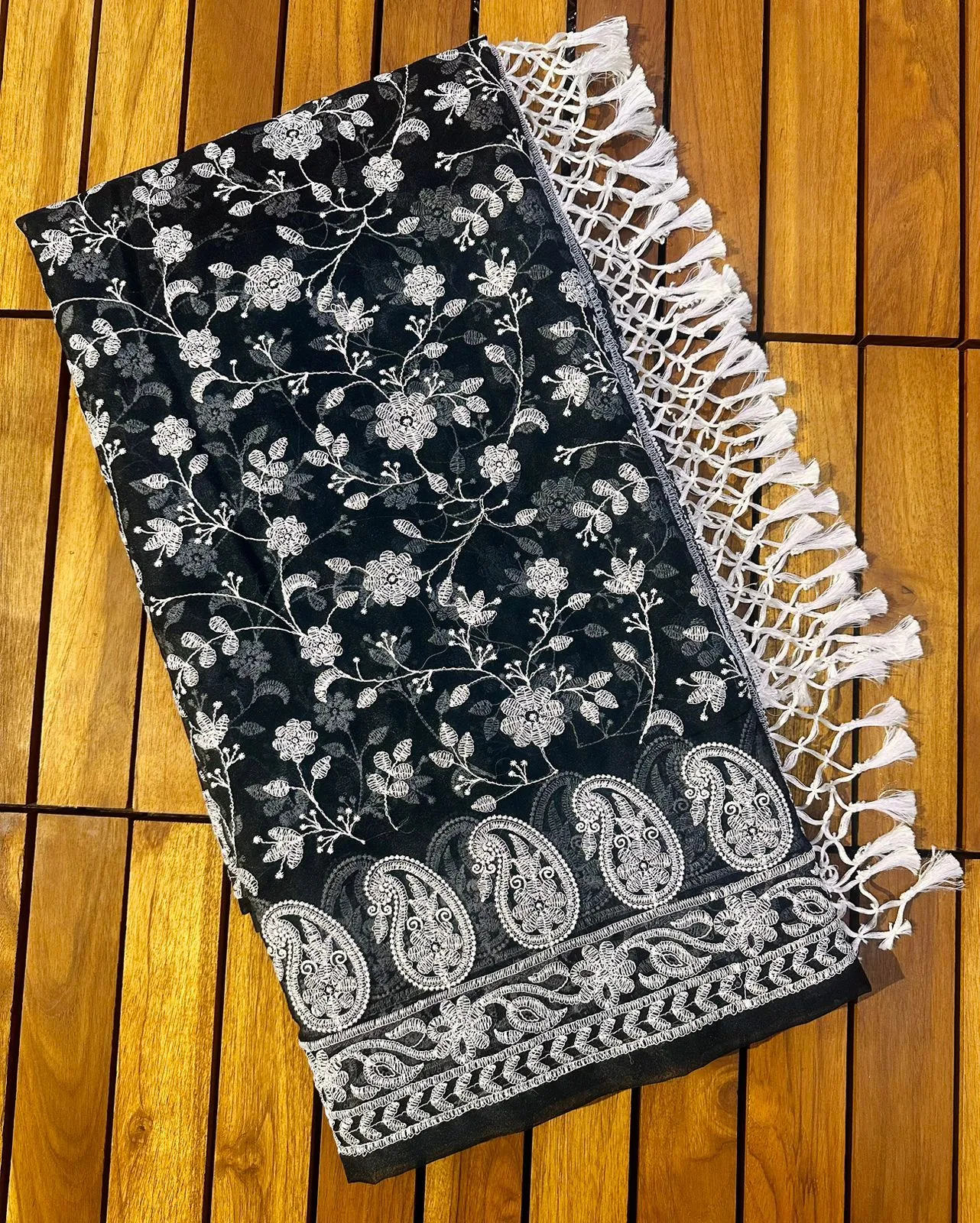 Black Viscose Organza Saree with Exquisite Chickenkari Embroidery – Paired with Elegant White Silk Blouse and Latkan