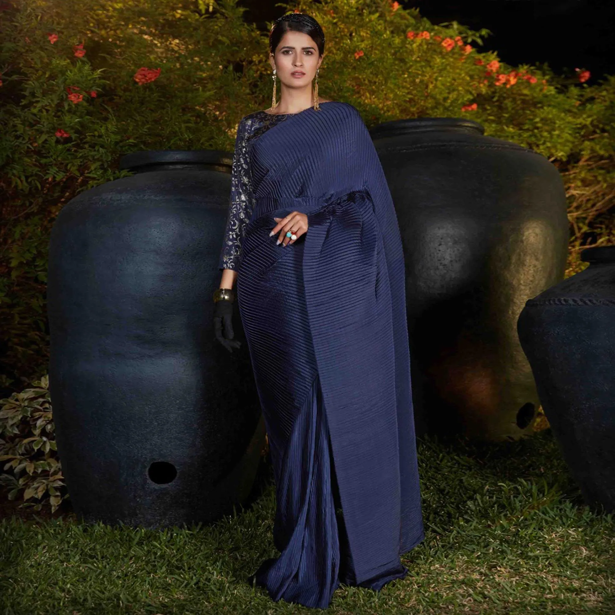 Blooming Navy Blue Colored Party Wear Plitting Work Silk Saree