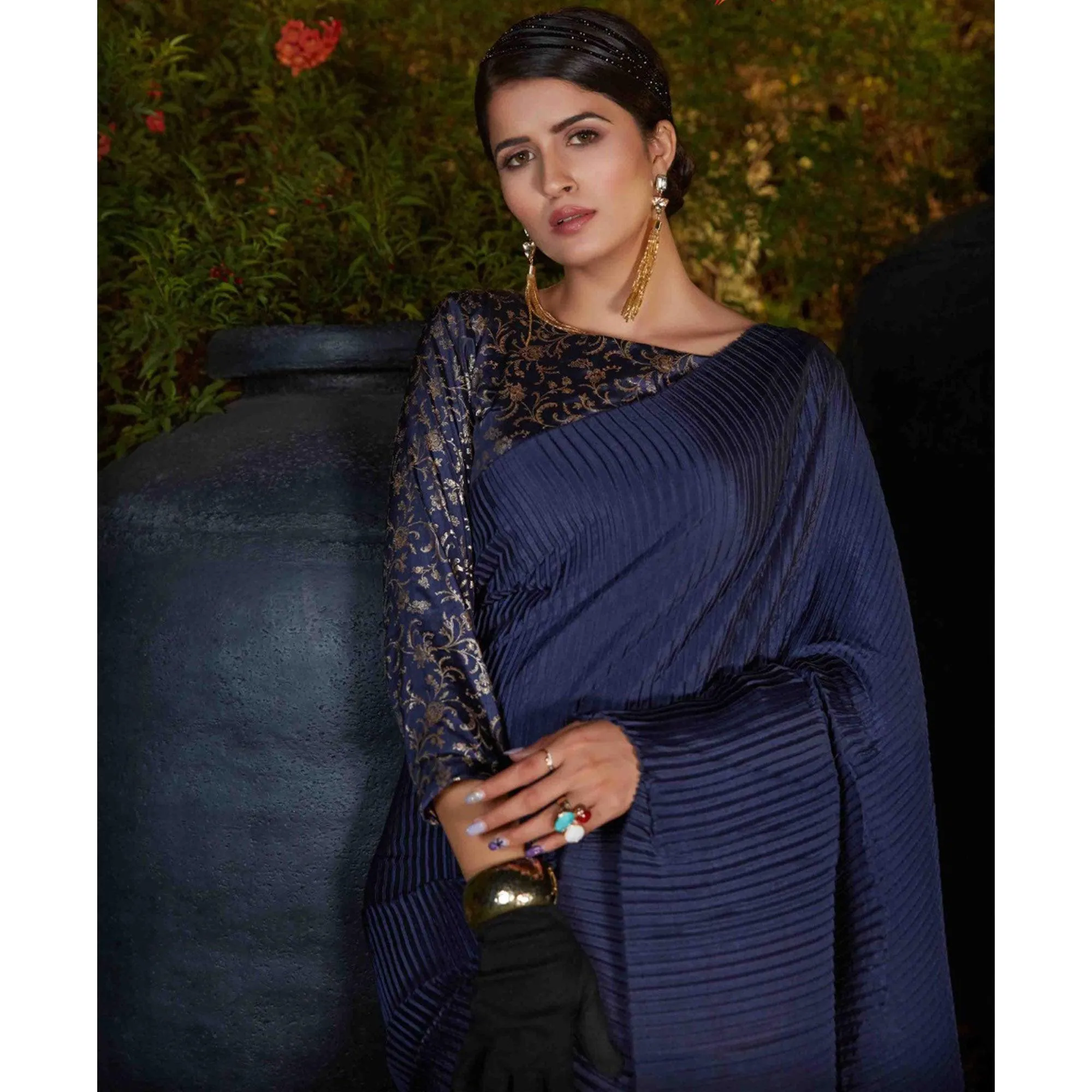 Blooming Navy Blue Colored Party Wear Plitting Work Silk Saree