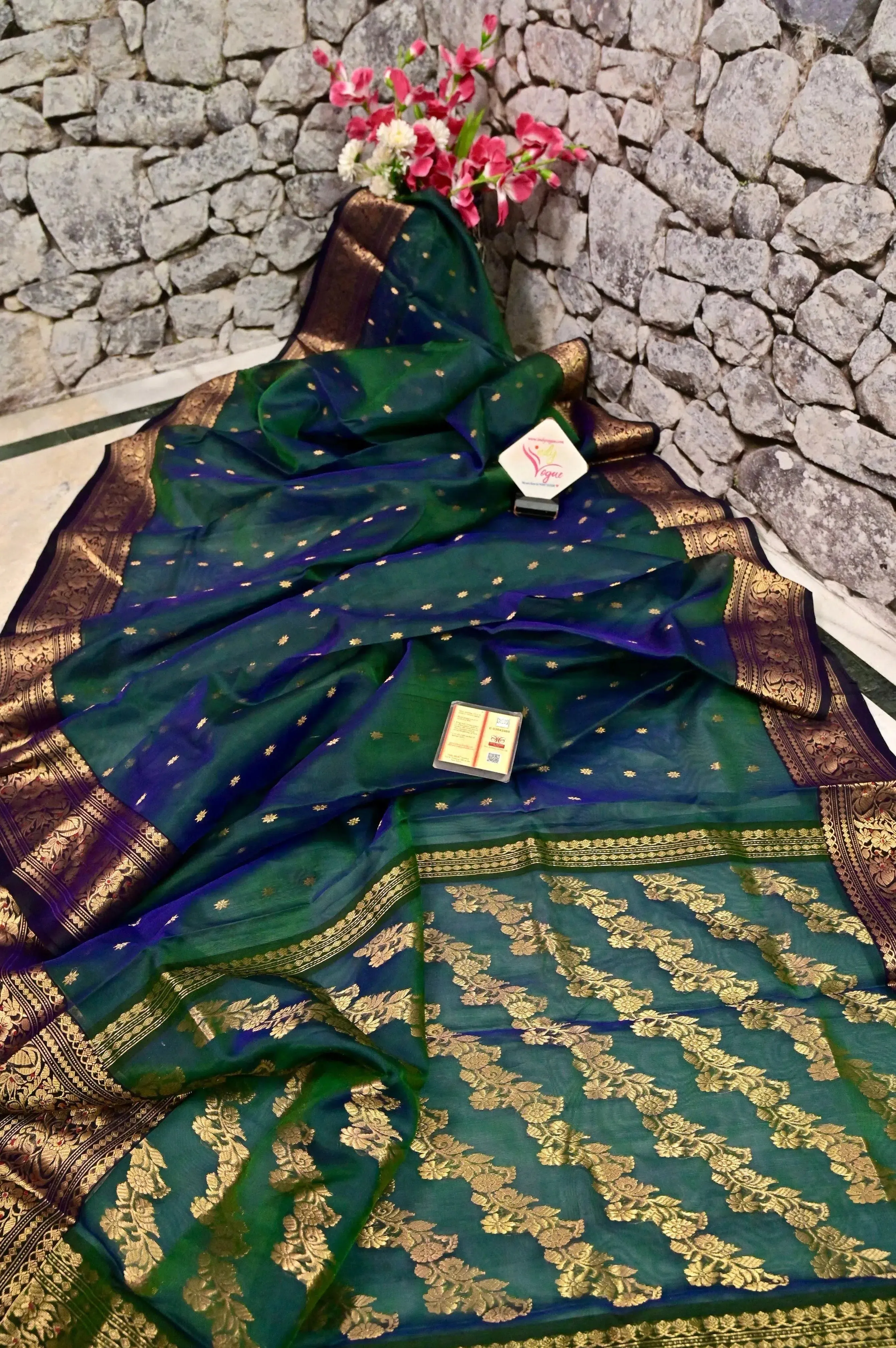 Blue and Green Dual Tone Color Pure Chanderi Banarasi Allover Golden Buti and Meenakari Border