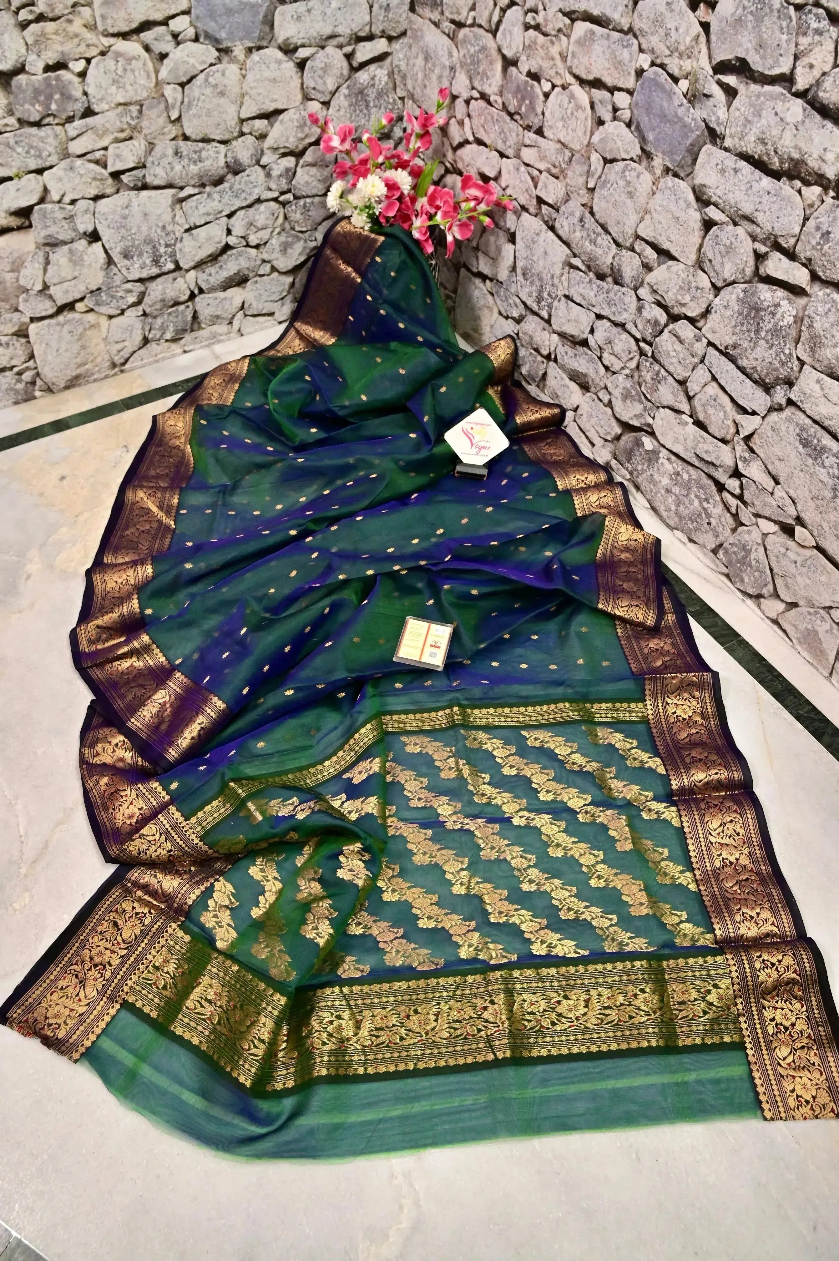 Blue and Green Dual Tone Color Pure Chanderi Banarasi Allover Golden Buti and Meenakari Border