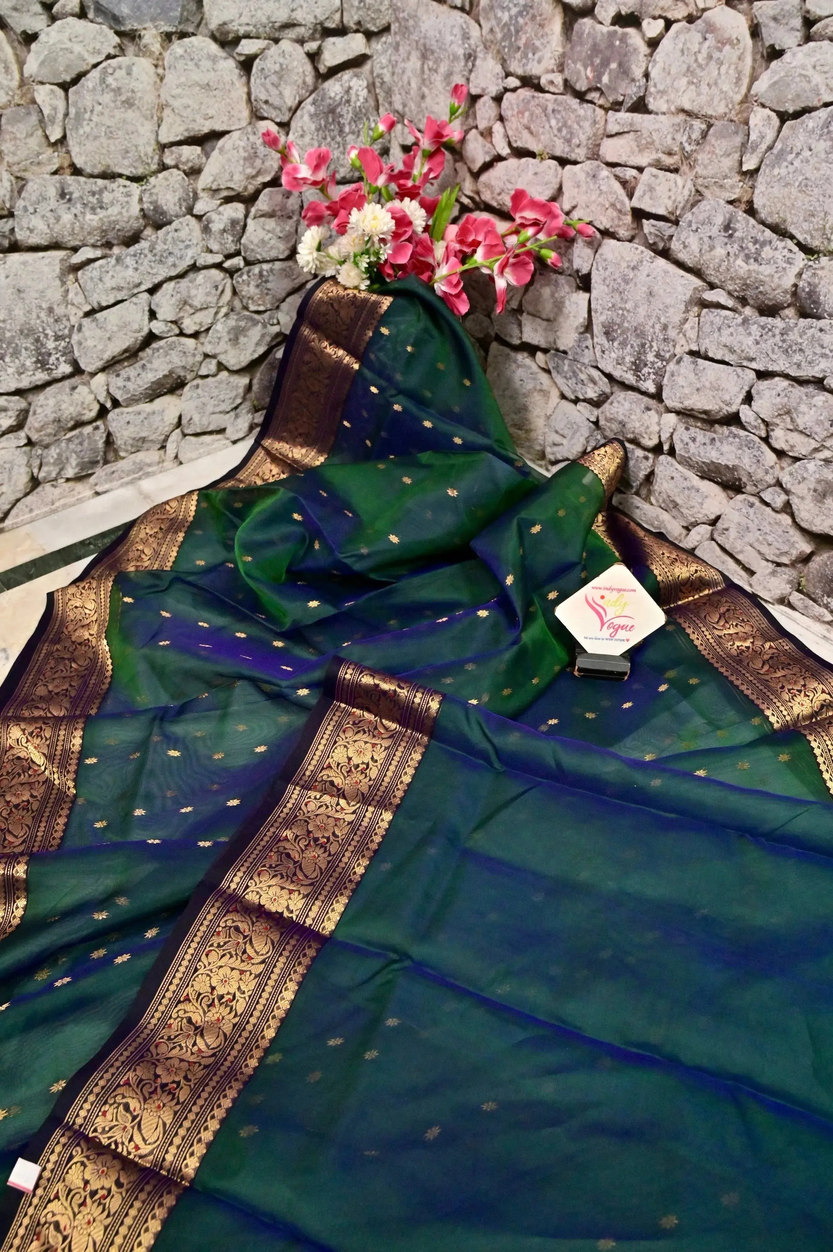 Blue and Green Dual Tone Color Pure Chanderi Banarasi Allover Golden Buti and Meenakari Border