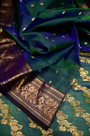 Blue and Green Dual Tone Color Pure Chanderi Banarasi Allover Golden Buti and Meenakari Border