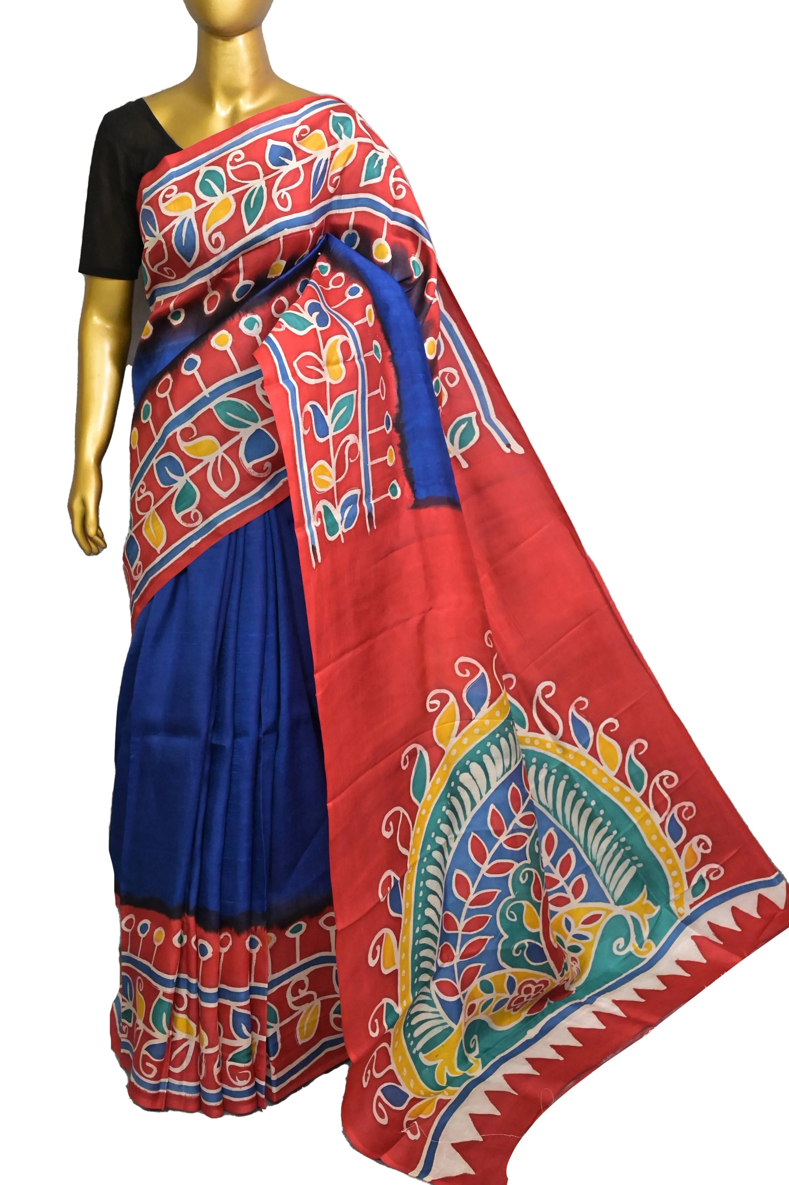 Blue and Red Color Pure Bishnupur Silk Saree with Hand Batik