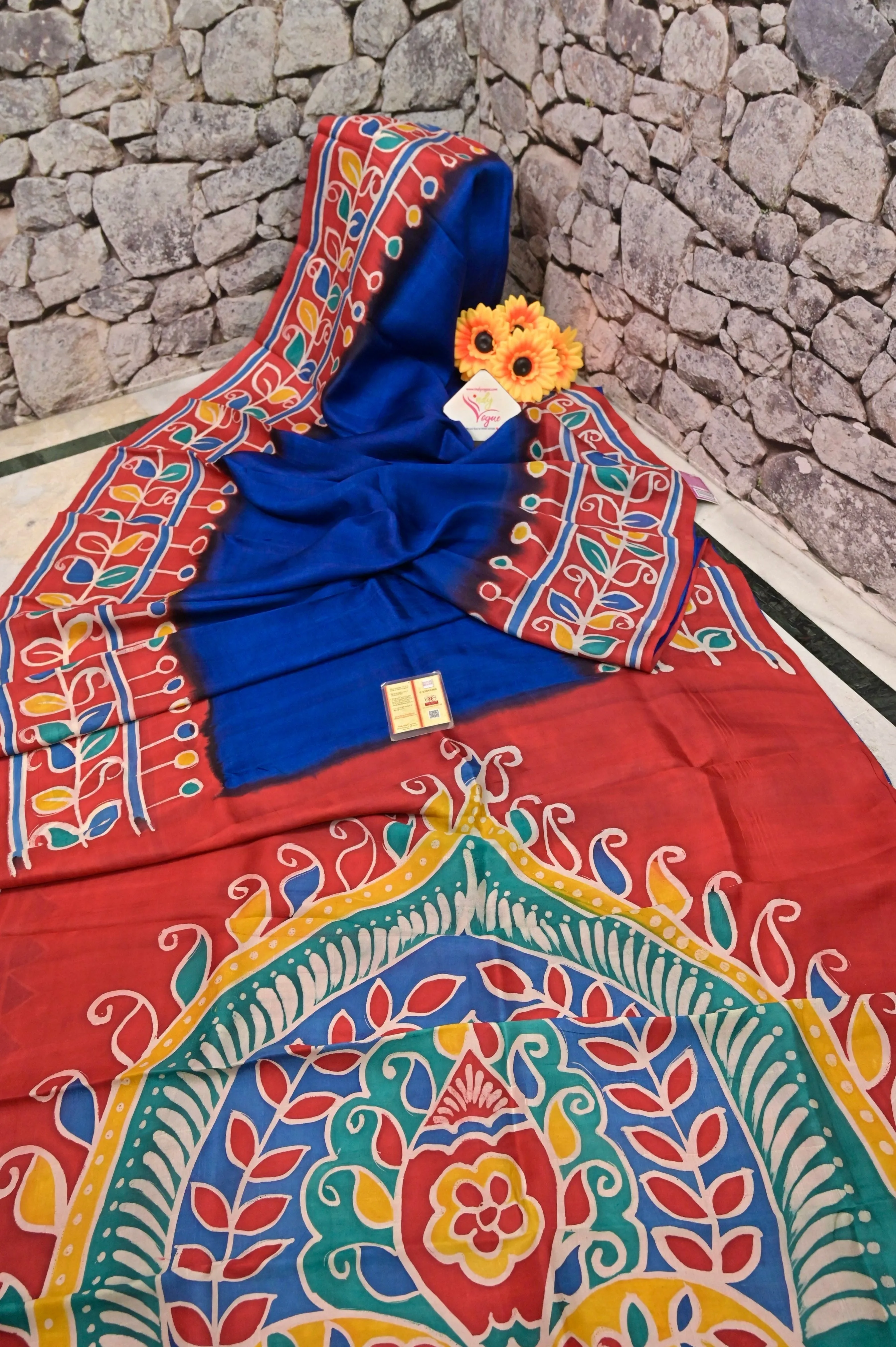 Blue and Red Color Pure Bishnupur Silk Saree with Hand Batik