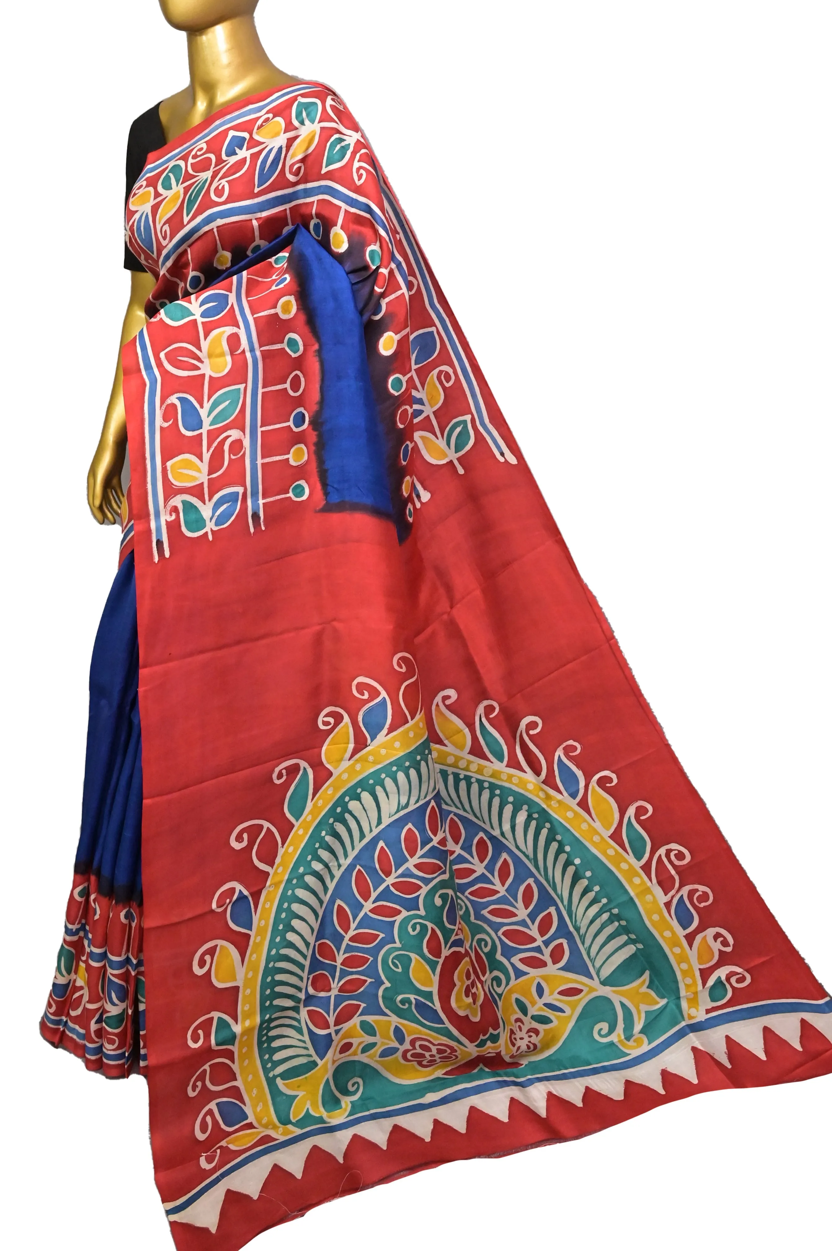 Blue and Red Color Pure Bishnupur Silk Saree with Hand Batik