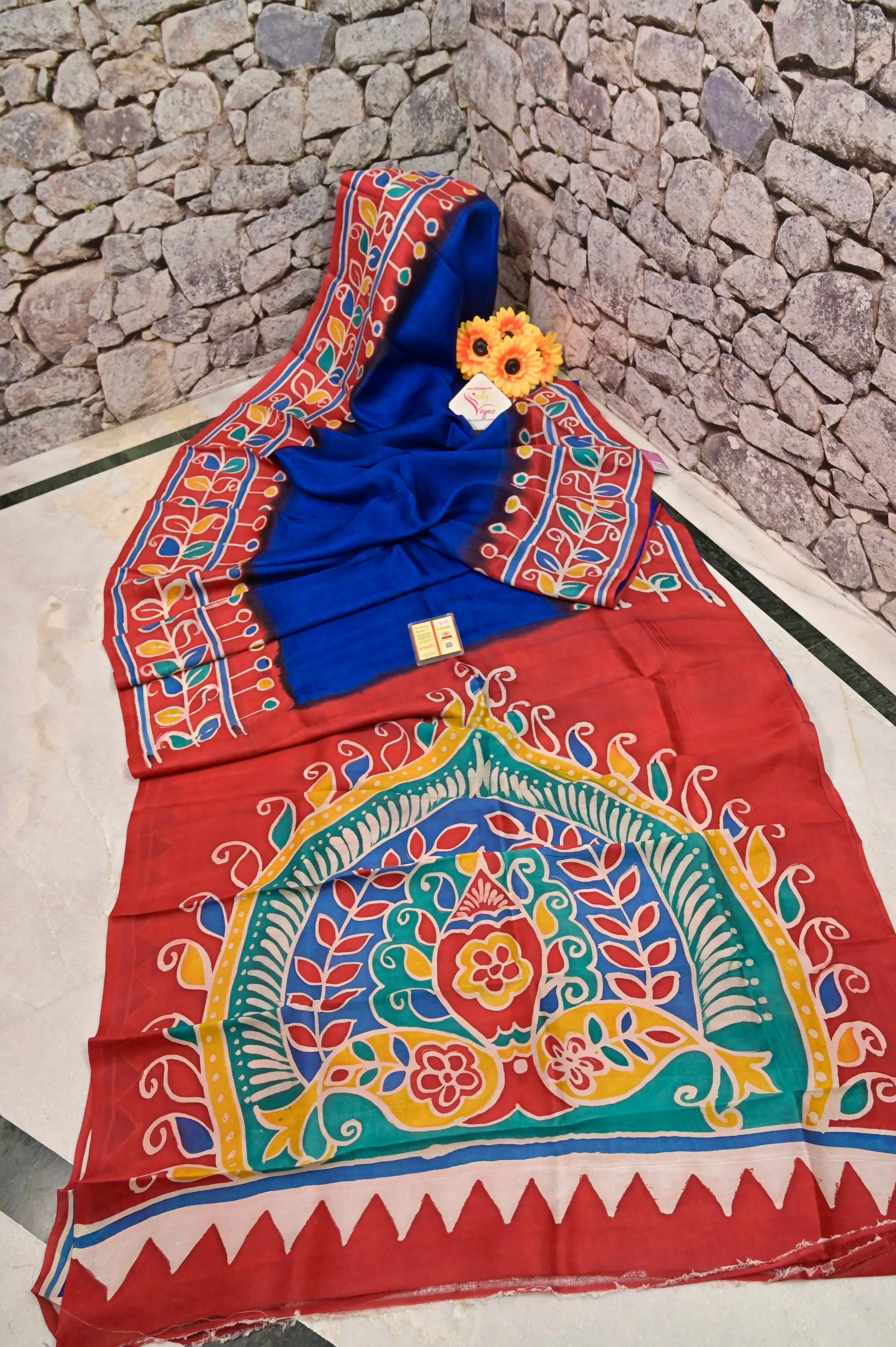 Blue and Red Color Pure Bishnupur Silk Saree with Hand Batik