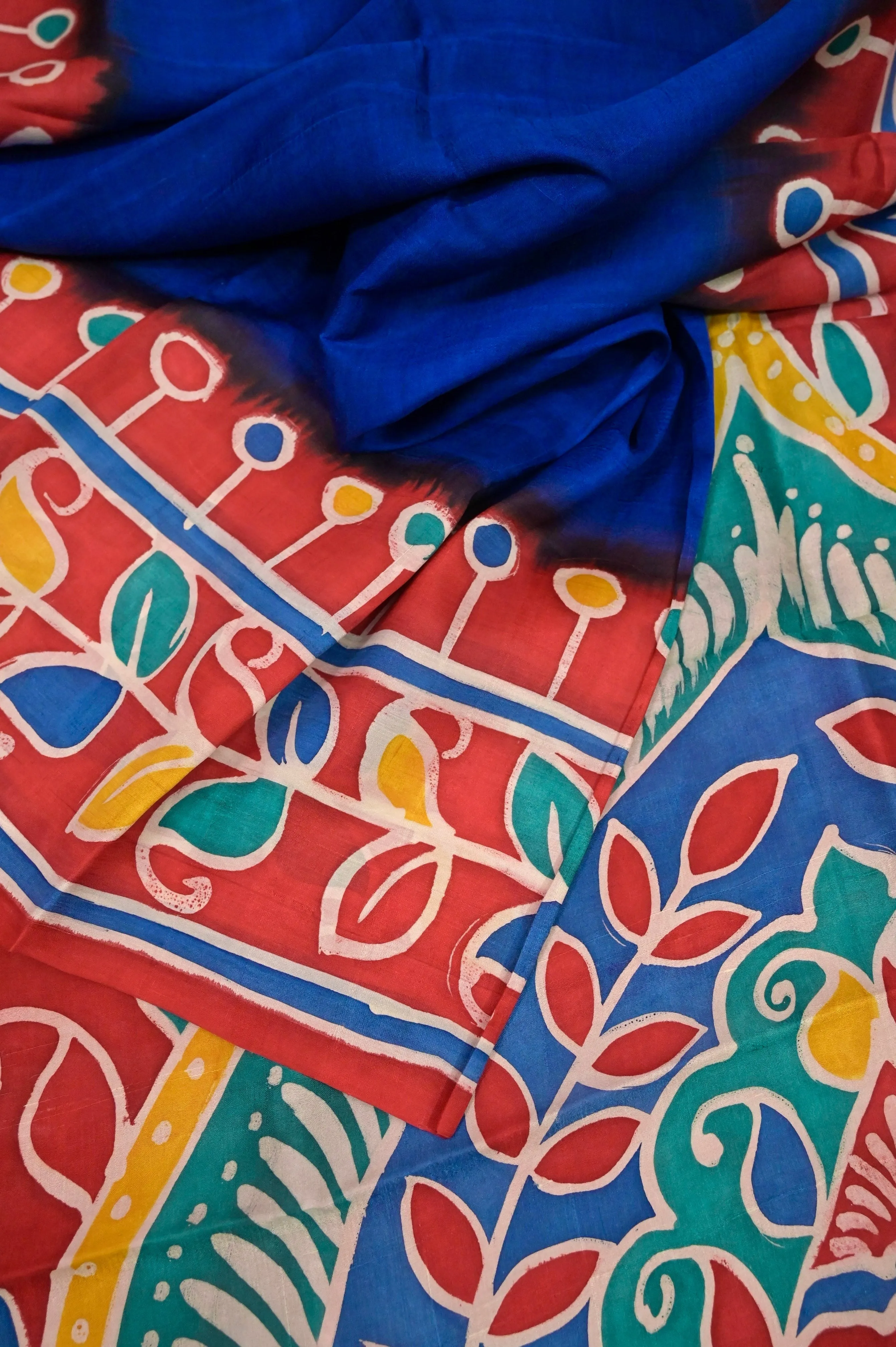 Blue and Red Color Pure Bishnupur Silk Saree with Hand Batik