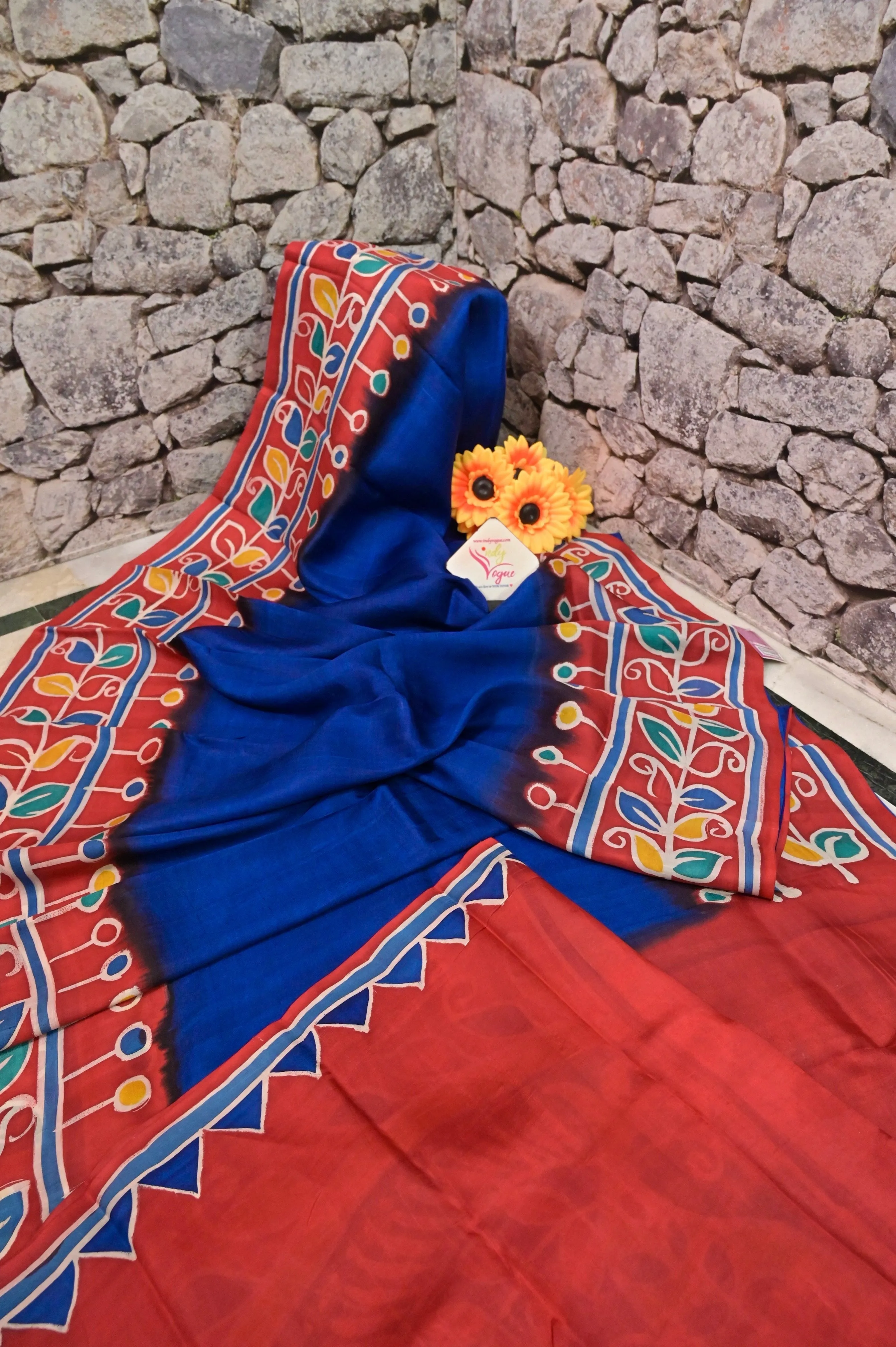 Blue and Red Color Pure Bishnupur Silk Saree with Hand Batik