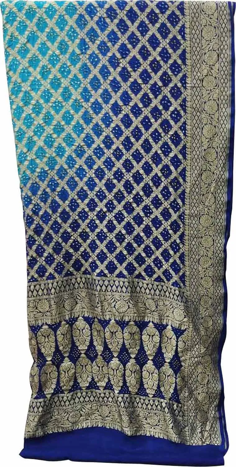 Blue Banarasi Bandhani Handloom Pure Georgette Three Piece Unstitched Suit Set: Traditional Elegance Redefined