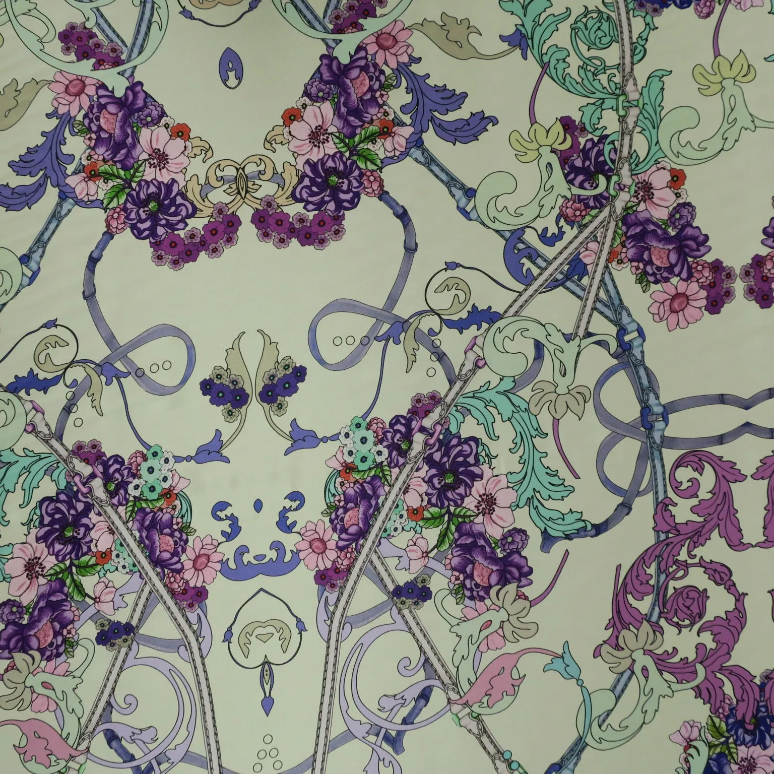 Blue, Purple and Yellow Abstract Flowers Printed Silk Charmeuse Fabric