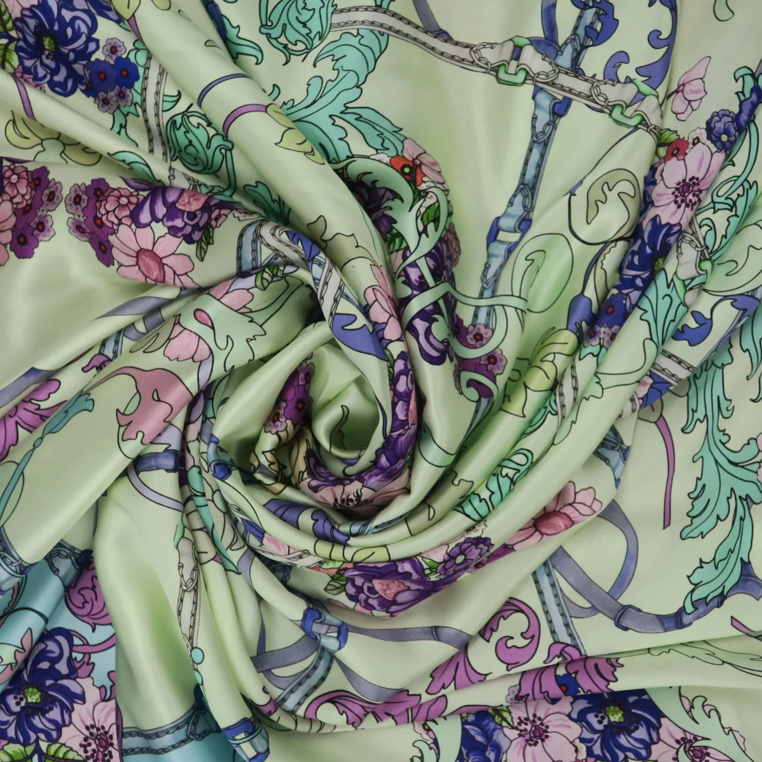 Blue, Purple and Yellow Abstract Flowers Printed Silk Charmeuse Fabric