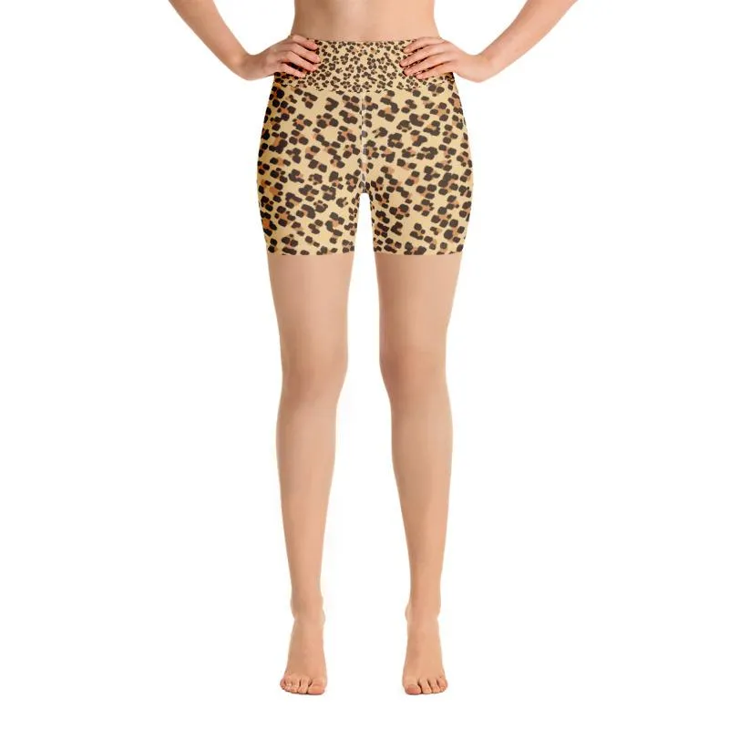 Brown Leopard Yoga Shorts, Animal Print Premium Women's Shorts Pants- Made in USA/ EU