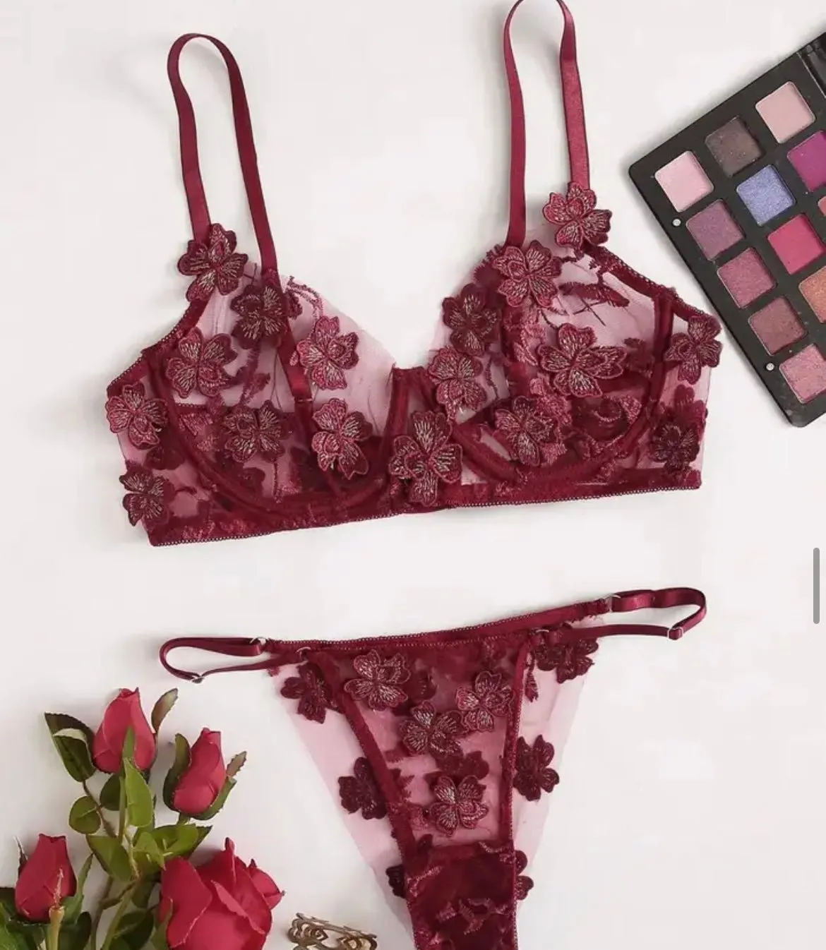 Burgundy Lingerie Set Embroidered