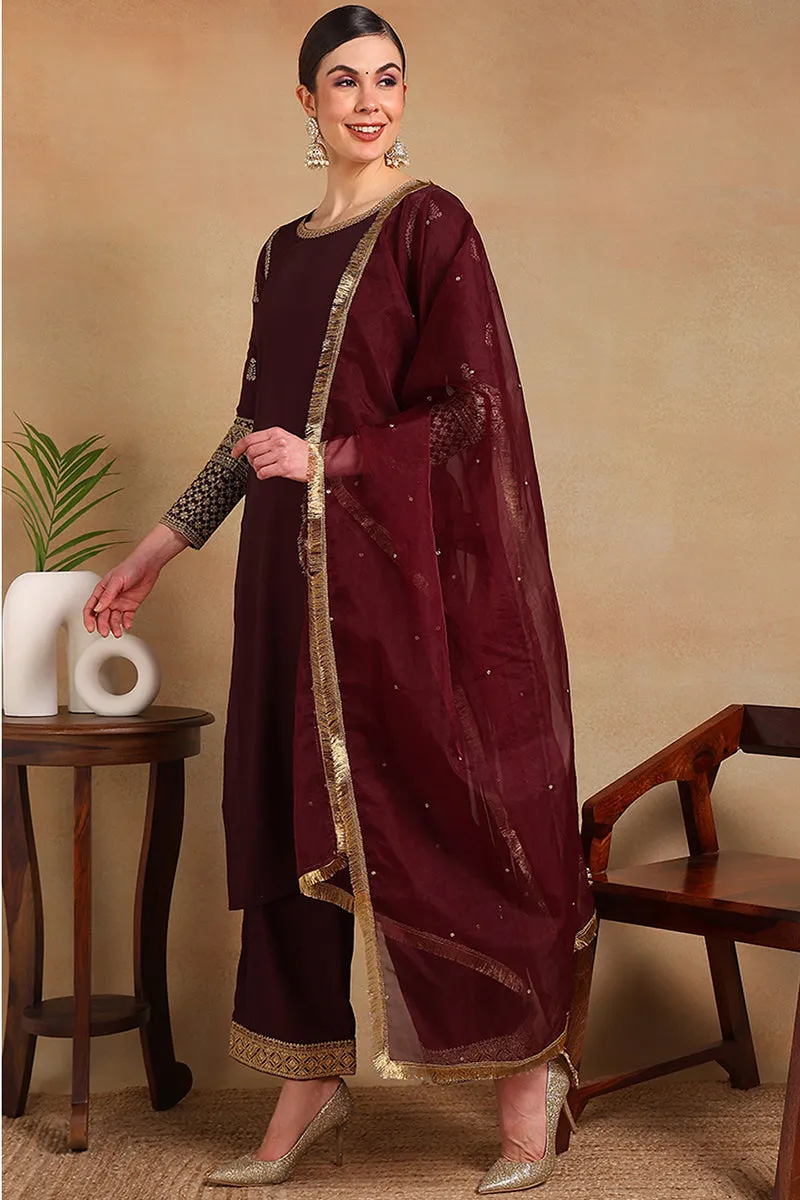 Burgundy Silk Blend Solid Embroidered 3-Piece Kurta Set