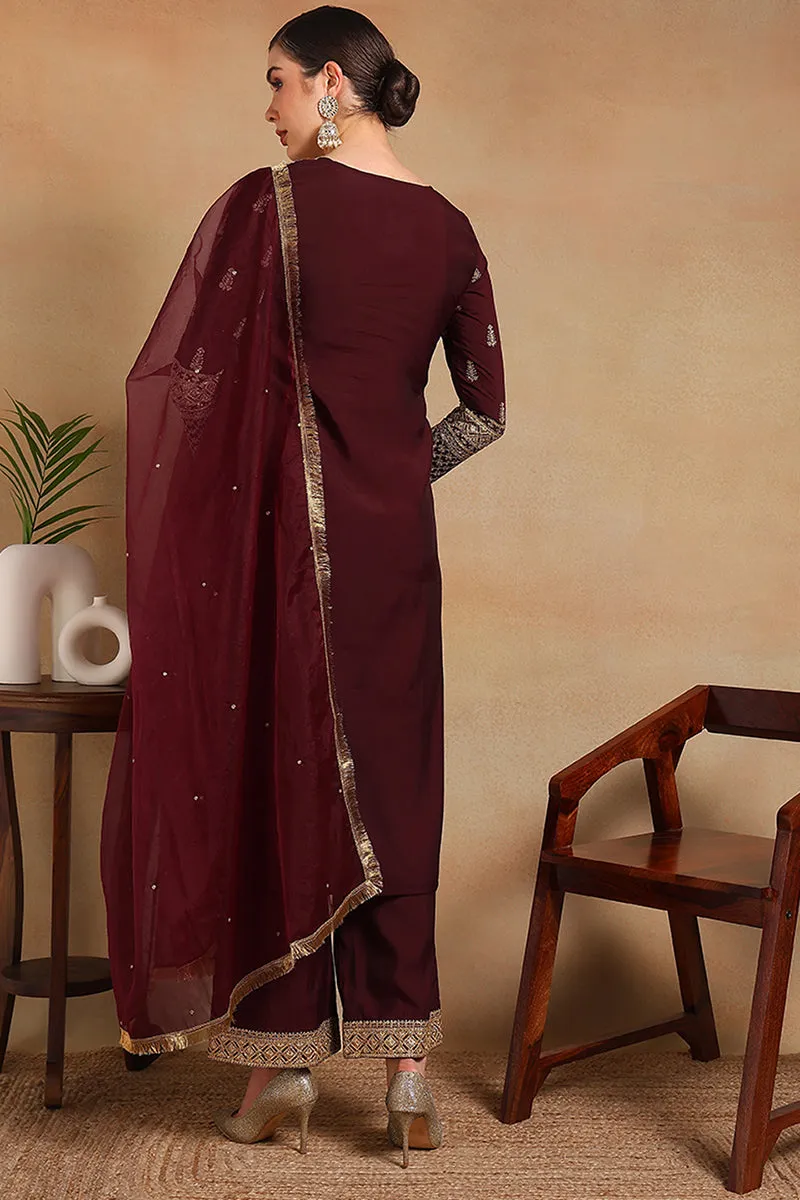 Burgundy Silk Blend Solid Embroidered 3-Piece Kurta Set
