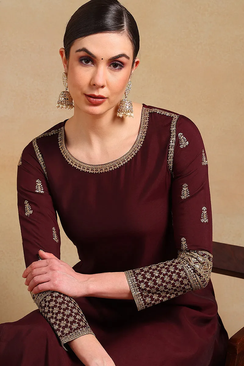 Burgundy Silk Blend Solid Embroidered 3-Piece Kurta Set