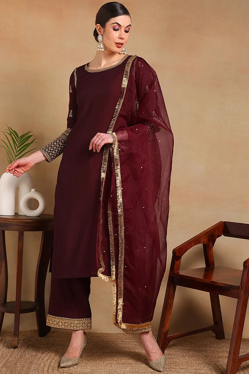 Burgundy Silk Blend Solid Embroidered 3-Piece Kurta Set