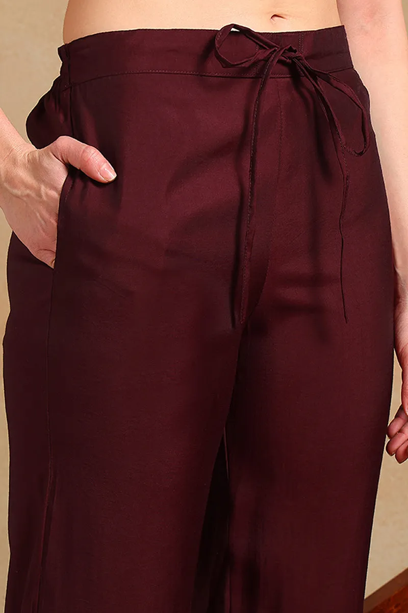 Burgundy Silk Blend Solid Embroidered 3-Piece Kurta Set