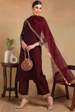 Burgundy Silk Blend Solid Embroidered 3-Piece Kurta Set