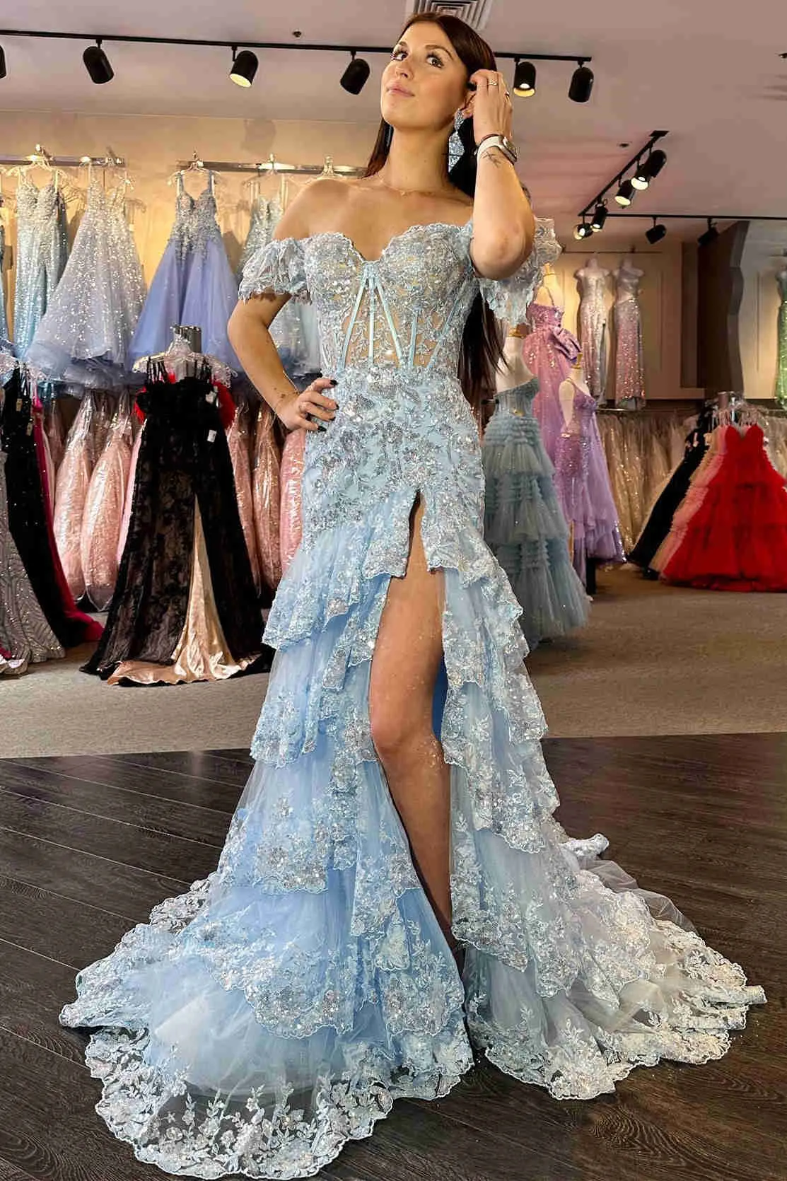 Charming Red Ruffles Off Shoulder Prom Dress with High Slit SF151