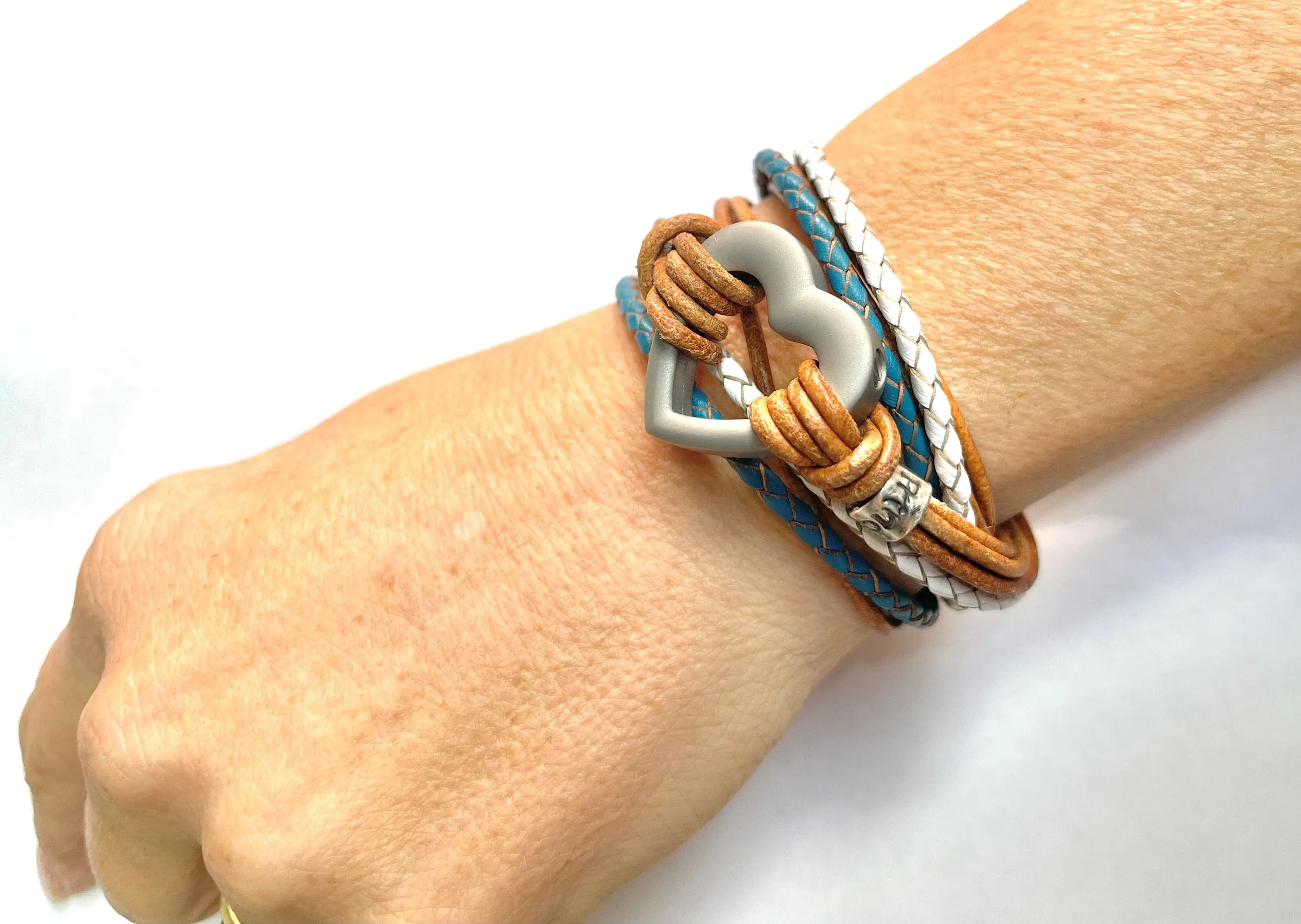 Dark blue, White & Tan Multi Leather, Double Wrap Urn Bracelet