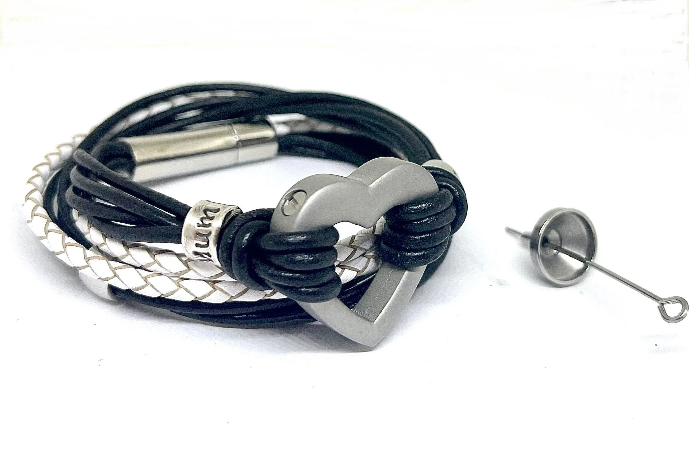 Dark blue, White & Tan Multi Leather, Double Wrap Urn Bracelet