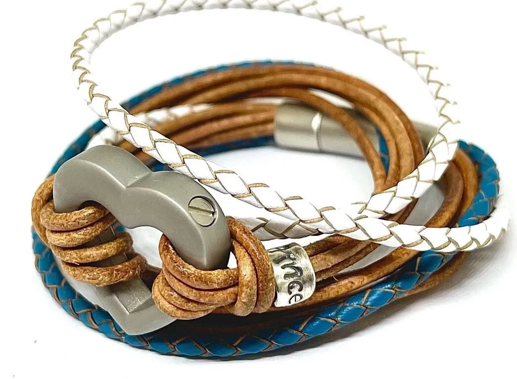 Dark blue, White & Tan Multi Leather, Double Wrap Urn Bracelet