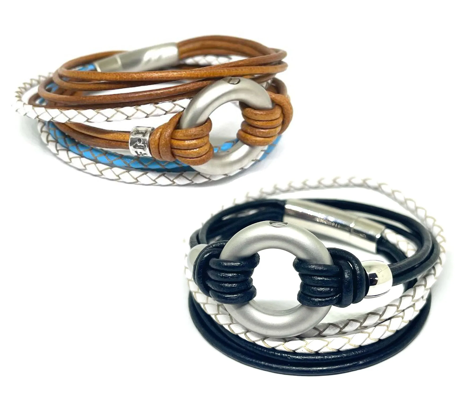 Dark blue, White & Tan Multi Leather, Double Wrap Urn Bracelet