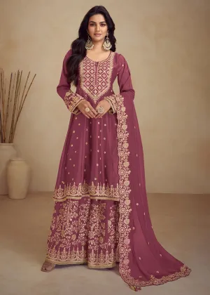 Designer Pure Chinnon Pink Embroidered Palazzo Suit