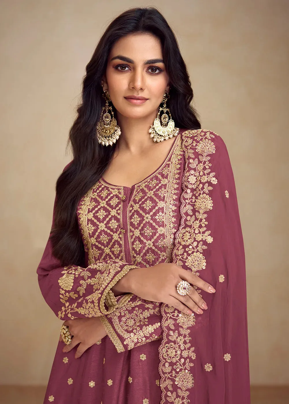 Designer Pure Chinnon Pink Embroidered Palazzo Suit