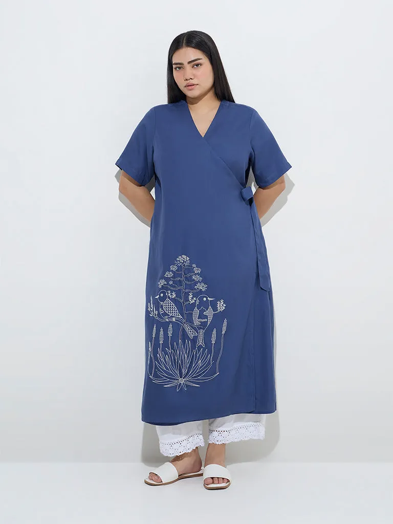 Diza Dark Blue Nature-Inspired Wrap-Style A-Line Kurta