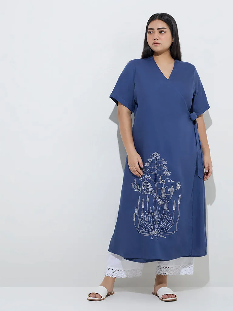 Diza Dark Blue Nature-Inspired Wrap-Style A-Line Kurta