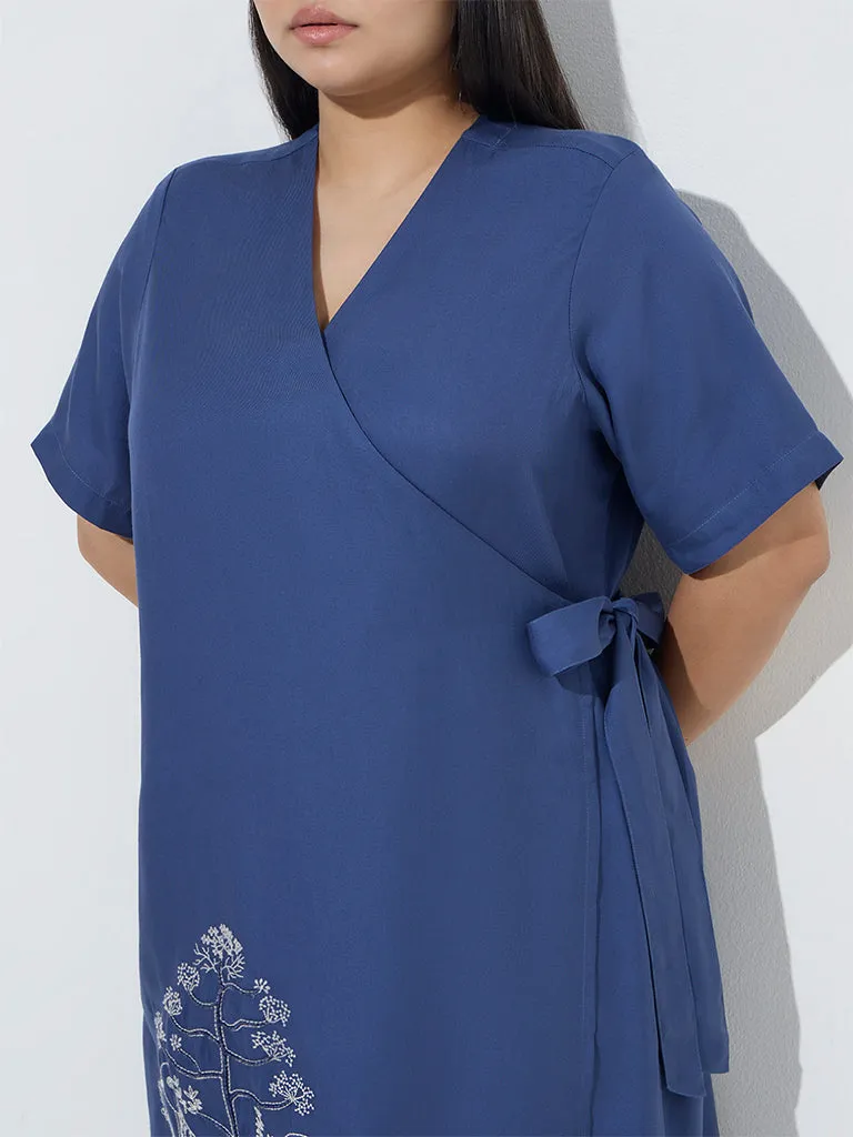 Diza Dark Blue Nature-Inspired Wrap-Style A-Line Kurta