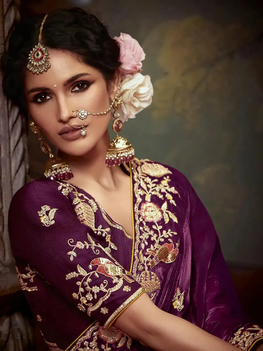 Elegant Burgundy Embroidered Fancy Saree