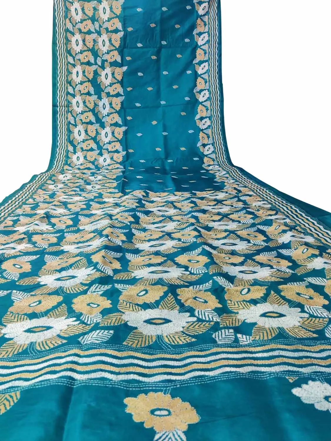 Exquisite Blue Hand Embroidered Kantha Work Bangalore Silk Saree