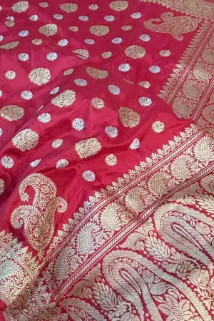 Exquisite Red Banarasi Handloom Pure Katan Silk Sona Roopa Saree