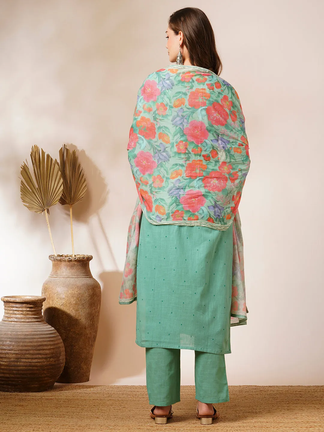 Floral Printed Mirror & Resham Embroidered Kurta with Pants & Dupatta - Pink