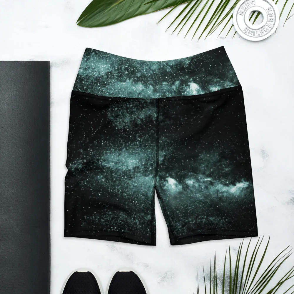 Galaxy Cosmos Yoga Shorts, Blue Mysterious Space Deep Galaxy Biker Rider Shorts-Made in USA/EU