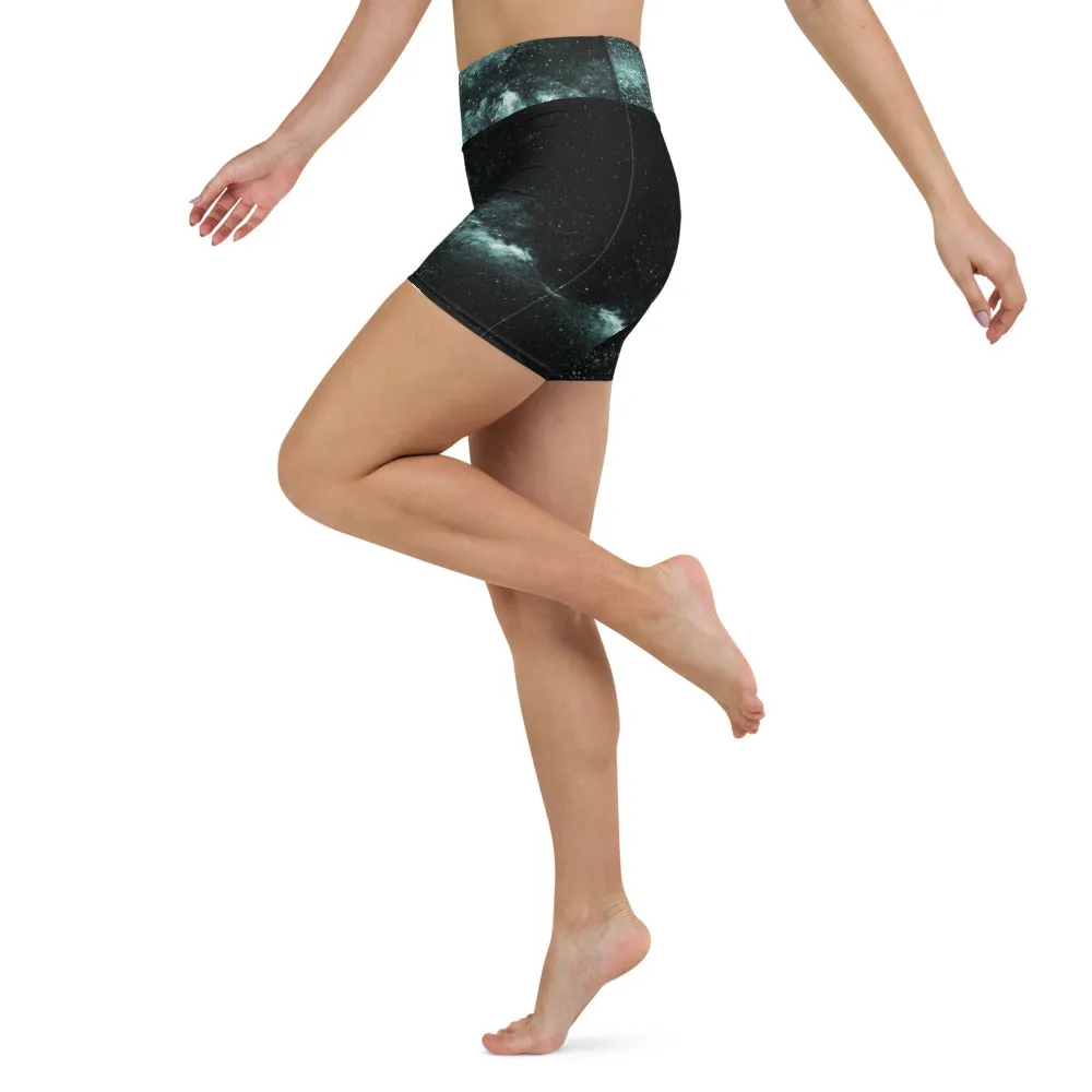 Galaxy Cosmos Yoga Shorts, Blue Mysterious Space Deep Galaxy Biker Rider Shorts-Made in USA/EU