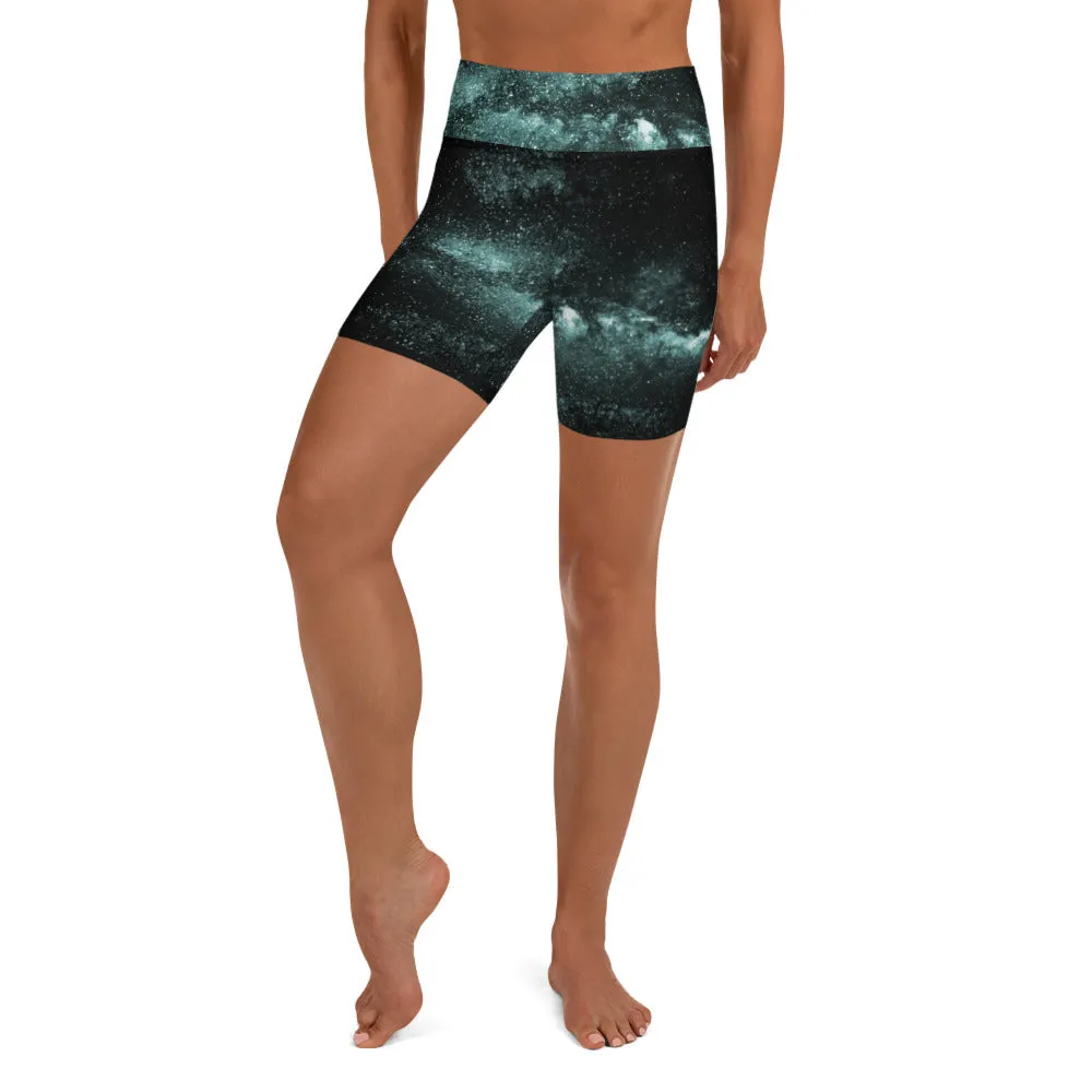 Galaxy Cosmos Yoga Shorts, Blue Mysterious Space Deep Galaxy Biker Rider Shorts-Made in USA/EU